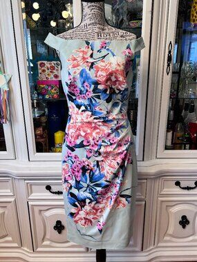 Karen Millen Light Blue Floral Off The Shoulders Sheath Dress 8 